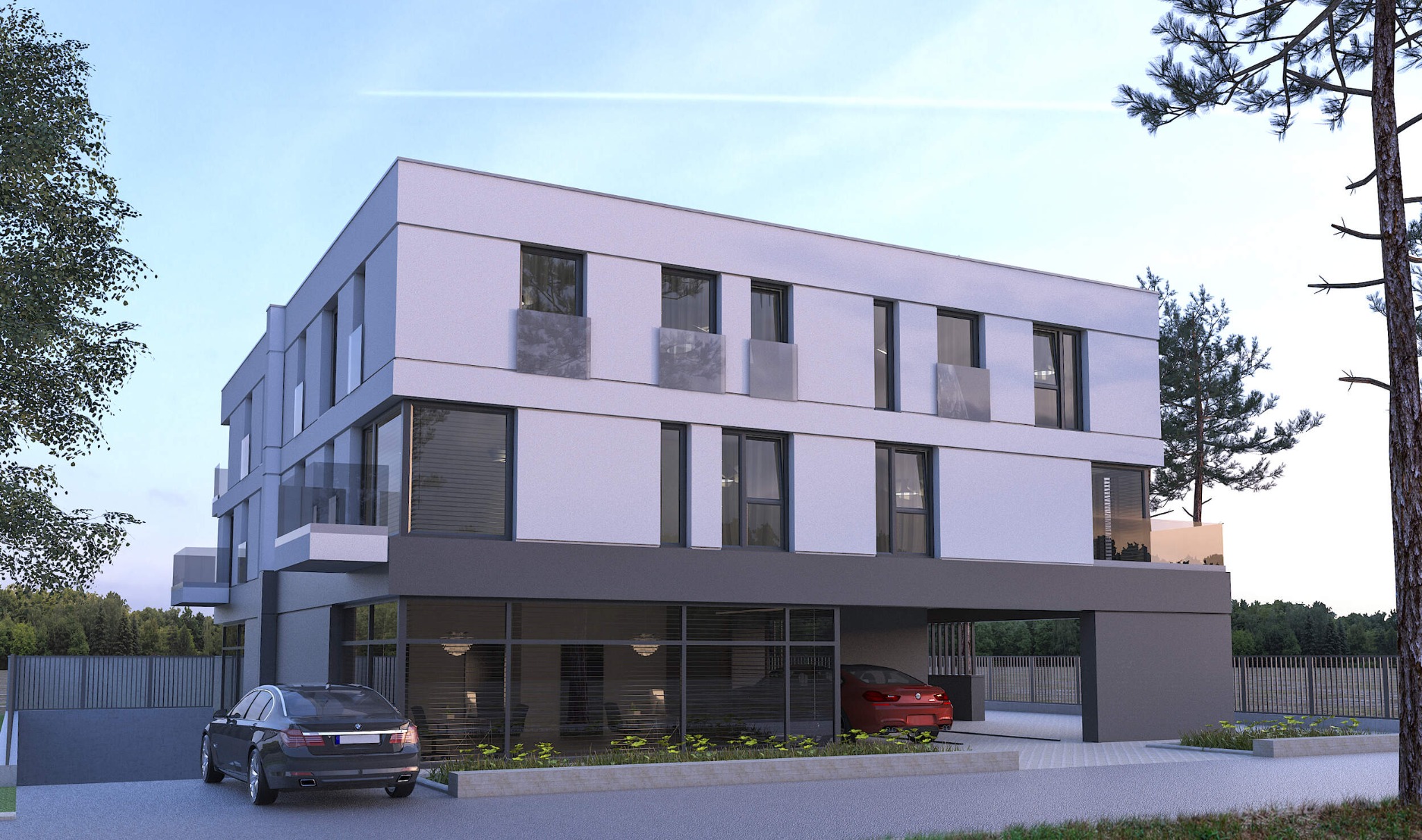 Wizualizacja nowoczesnego, trzypiętrowego budynku mieszkalnego z płaskim dachem i szklanymi balkonami, z zaparkowanymi dwoma samochodami (czarnym sedanem i czerwonym hatchbackiem) w strefie...