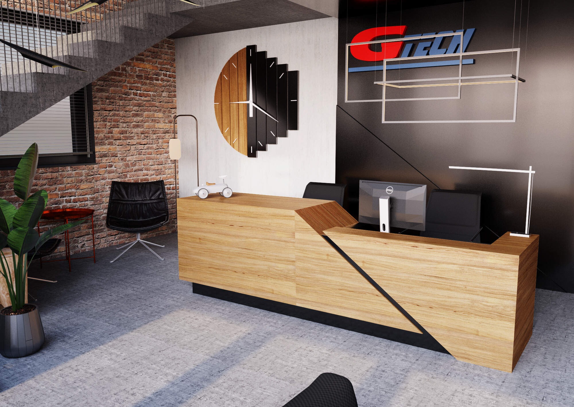 Nowoczesne biuro z drewnianą recepcją o geometrycznym designie, designerski zegar na ścianie, logo firmy w tle, schody z ceglaną ścianą i roślina doniczkowa.