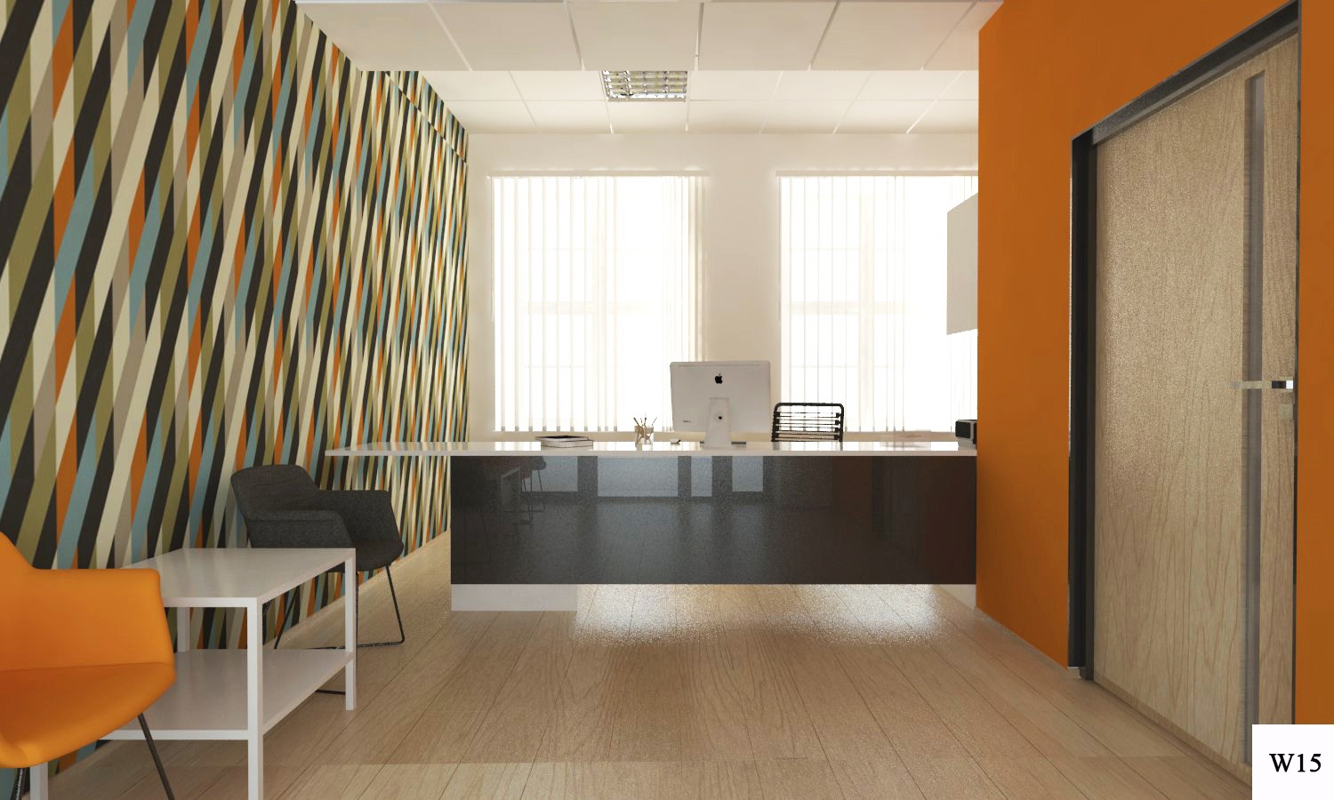 Wizualizacja biura z geometryczną tapetą, minimalistycznym biurkiem i pomarańczowymi akcentami, oświetlonego naturalnym światłem wpadającym przez żaluzje.