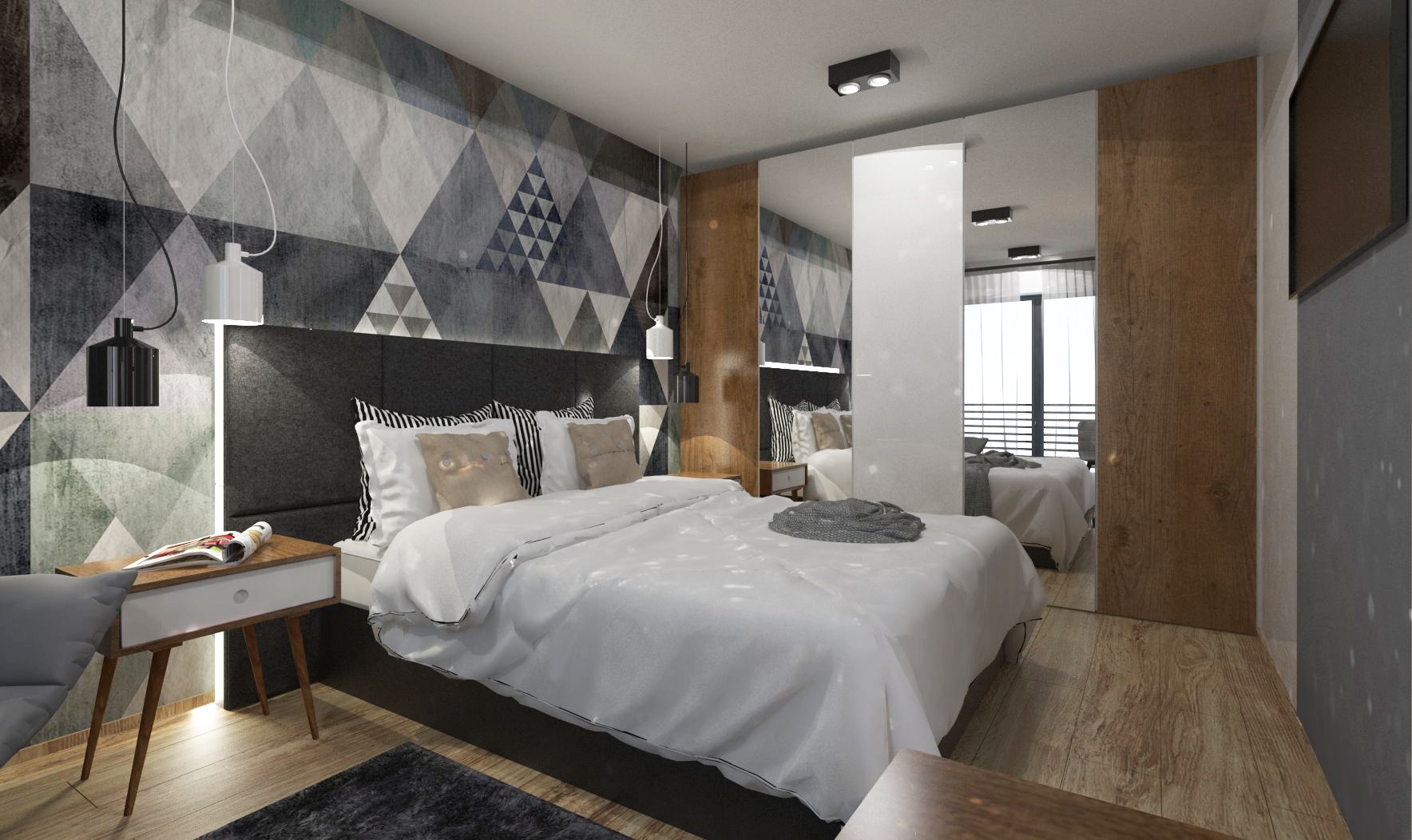 Wizualizacja sypialni z łóżkiem małżeńskim, tapetą w geometryczne wzory, szafką nocną z lampką i lustrzaną szafą wnękową.