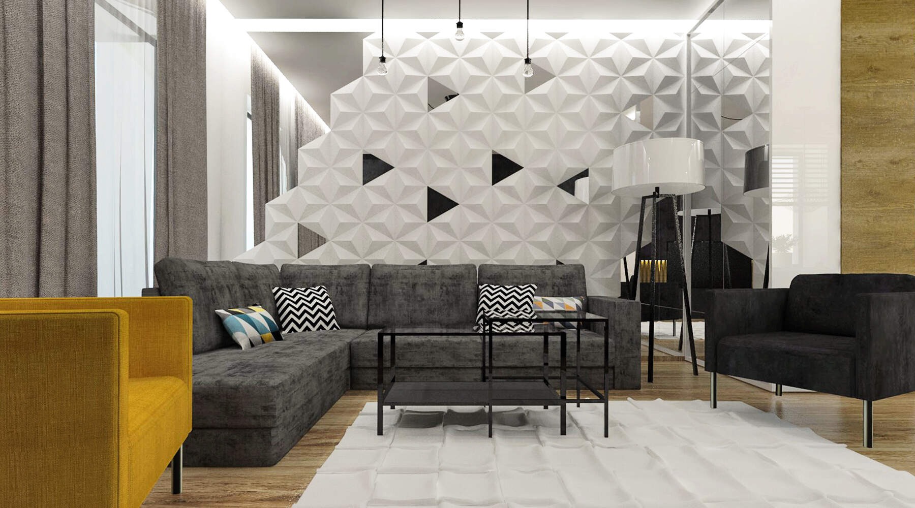 Nowoczesny salon z szarym narożnikiem, żółtym fotelem, geometryczną ścianą 3D i czarnymi stolikami kawowymi na białym dywanie.