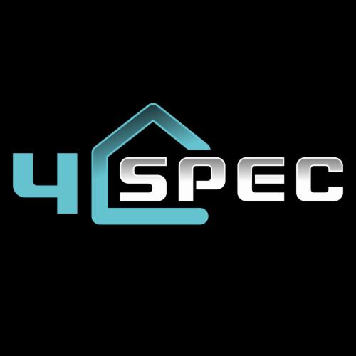 Logo firmy 4Spec z symbolem domu w kolorze turkusowym i napisem SPEC w kolorze srebrnym na czarnym tle.