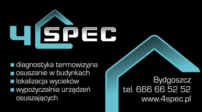 Logo firmy z Bydgoszczy oferującej diagnostykę termowizyjną, osuszanie budynków, lokalizację wycieków i wypożyczalnię urządzeń osuszających. Czarno-turkusowa grafika z nazwą i danymi kontaktowymi.