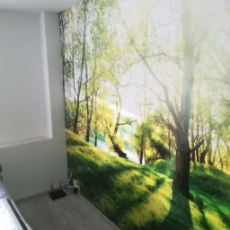 Ściana w pokoju z fototapetą przedstawiającą słoneczny las, widoczny router i fragment sofy.