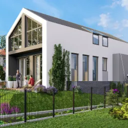 Wizualizacja nowoczesnego, dwukondygnacyjnego domu z dużymi przeszkleniami i tarasem, otoczonego zielonym ogrodem z oczkiem wodnym i czarnym ogrodzeniem panelowym.