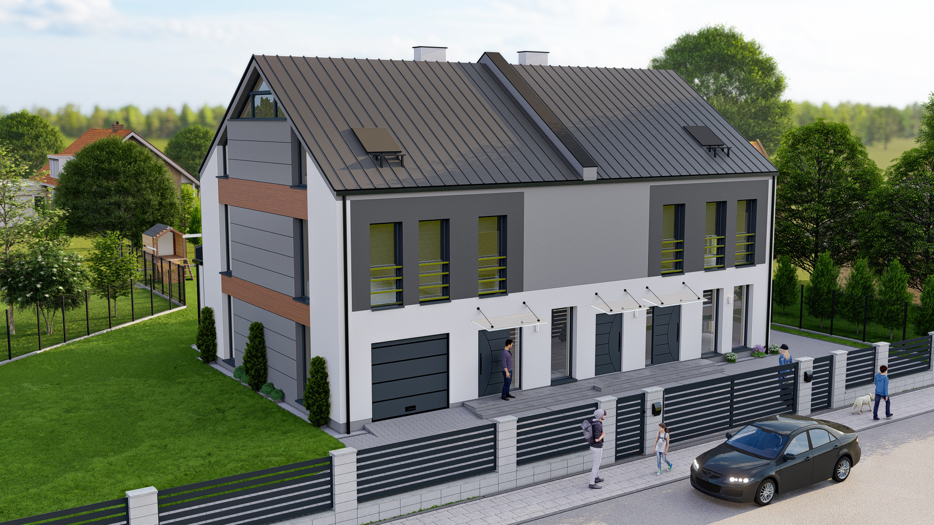 Wizualizacja szeregowego domu dwukondygnacyjnego z garażem, wykończonego w odcieniach szarości i bieli, z płaskim dachem i nowoczesnym ogrodzeniem, otoczonego zielenią i z ludźmi na chodniku.
