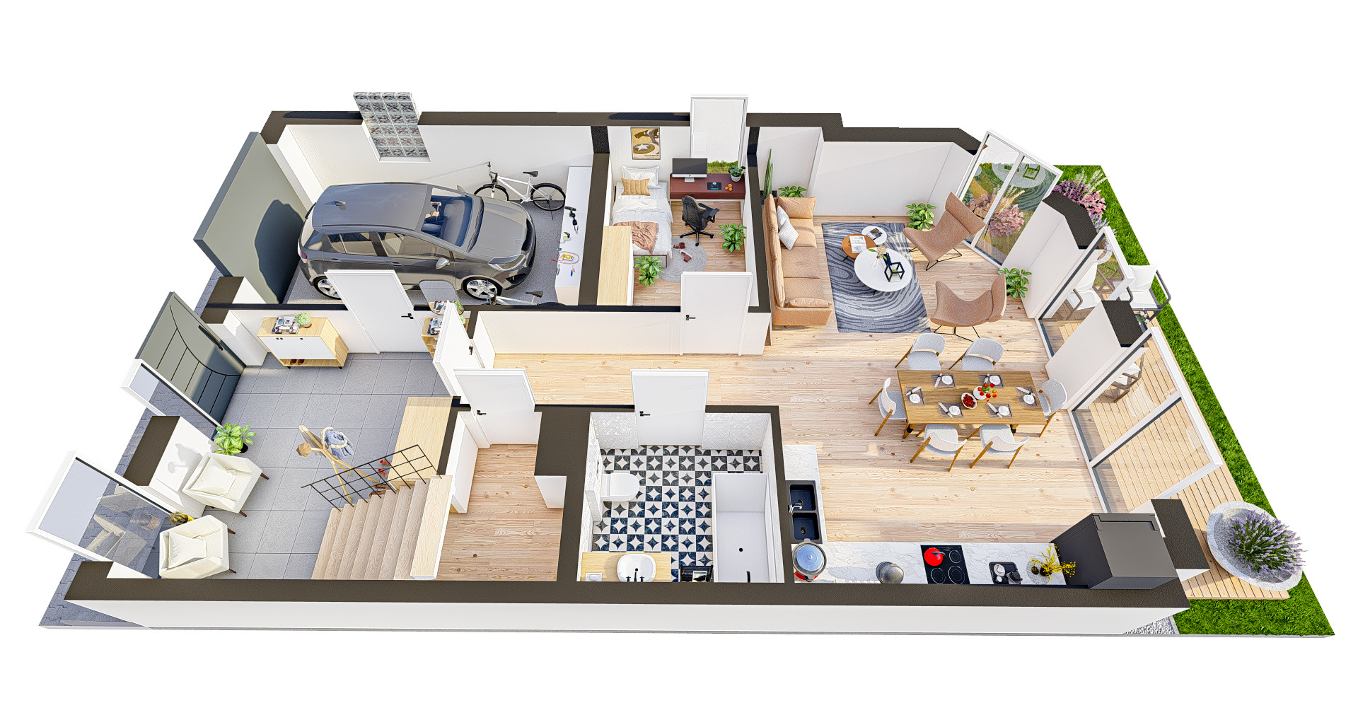 Przekrój 3D mieszkania z garażem, sypialnią, salonem, jadalnią i tarasem, ukazujący rozkład pomieszczeń i wyposażenie.
