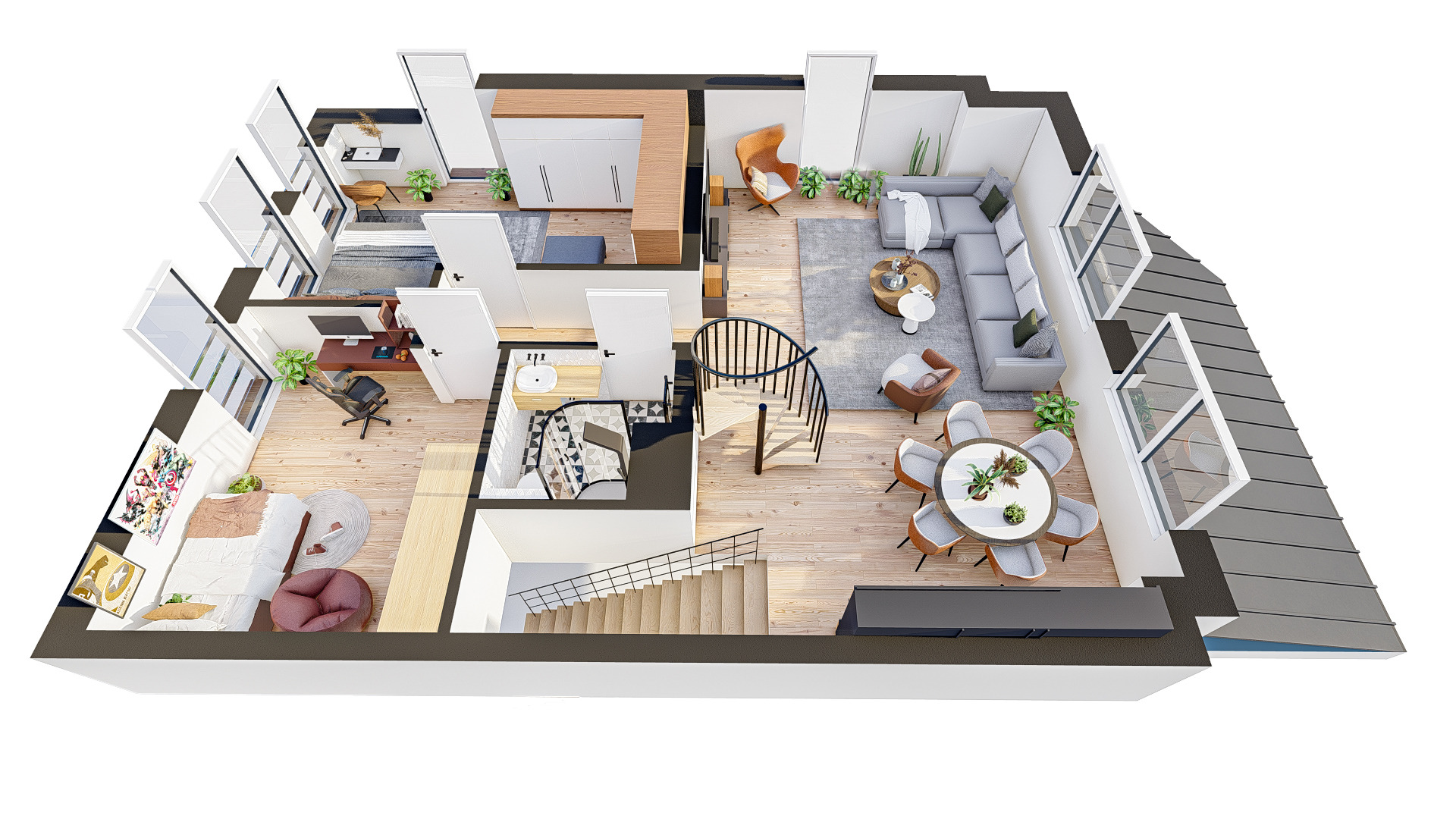 Przekrój 3D domu z widocznym salonem, kuchnią, łazienką, sypialnią i schodami spiralnymi, ukazujący układ pomieszczeń i wyposażenie wnętrz.