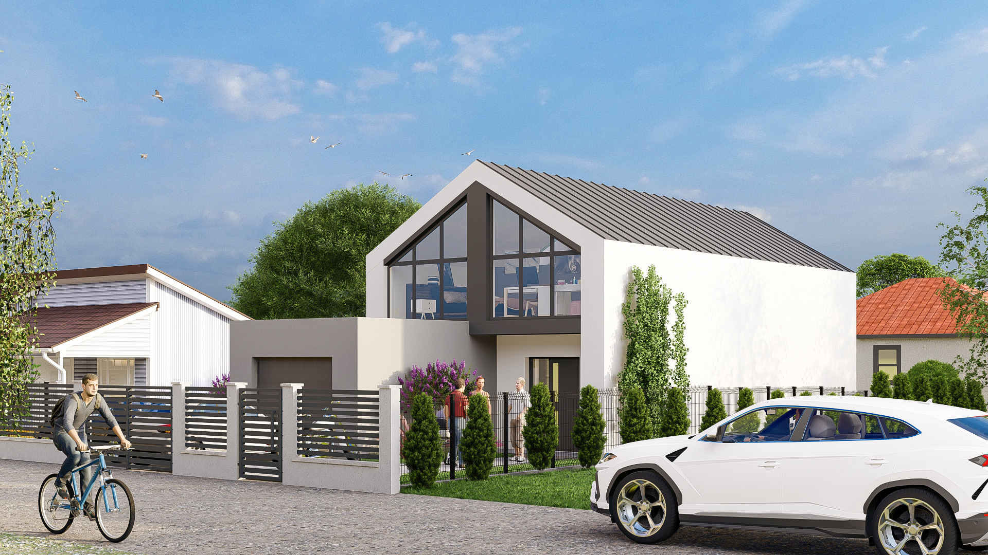 Wizualizacja nowoczesnego, dwukondygnacyjnego domu z białymi ścianami i dużymi oknami, otoczonego zielenią, z samochodem i osobami w tle.