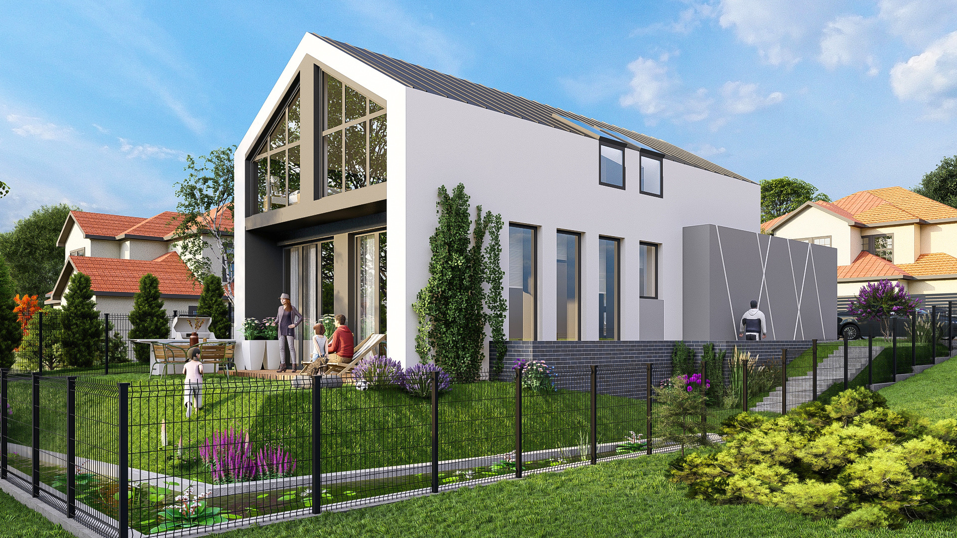 Wizualizacja nowoczesnego, dwukondygnacyjnego domu z dużymi przeszkleniami i tarasem, otoczonego zielonym ogrodem z oczkiem wodnym i czarnym ogrodzeniem panelowym.