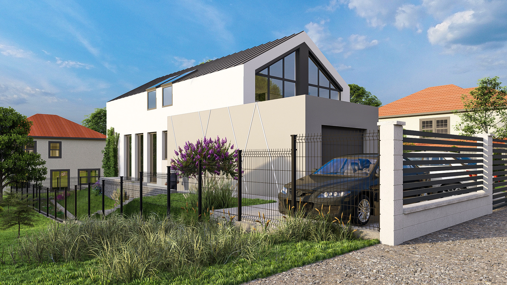 Wizualizacja nowoczesnego domu jednorodzinnego w Gdańsku z garażem, ogrodzeniem panelowym i zagospodarowanym terenem zielonym. Widoczny samochód zaparkowany w garażu.