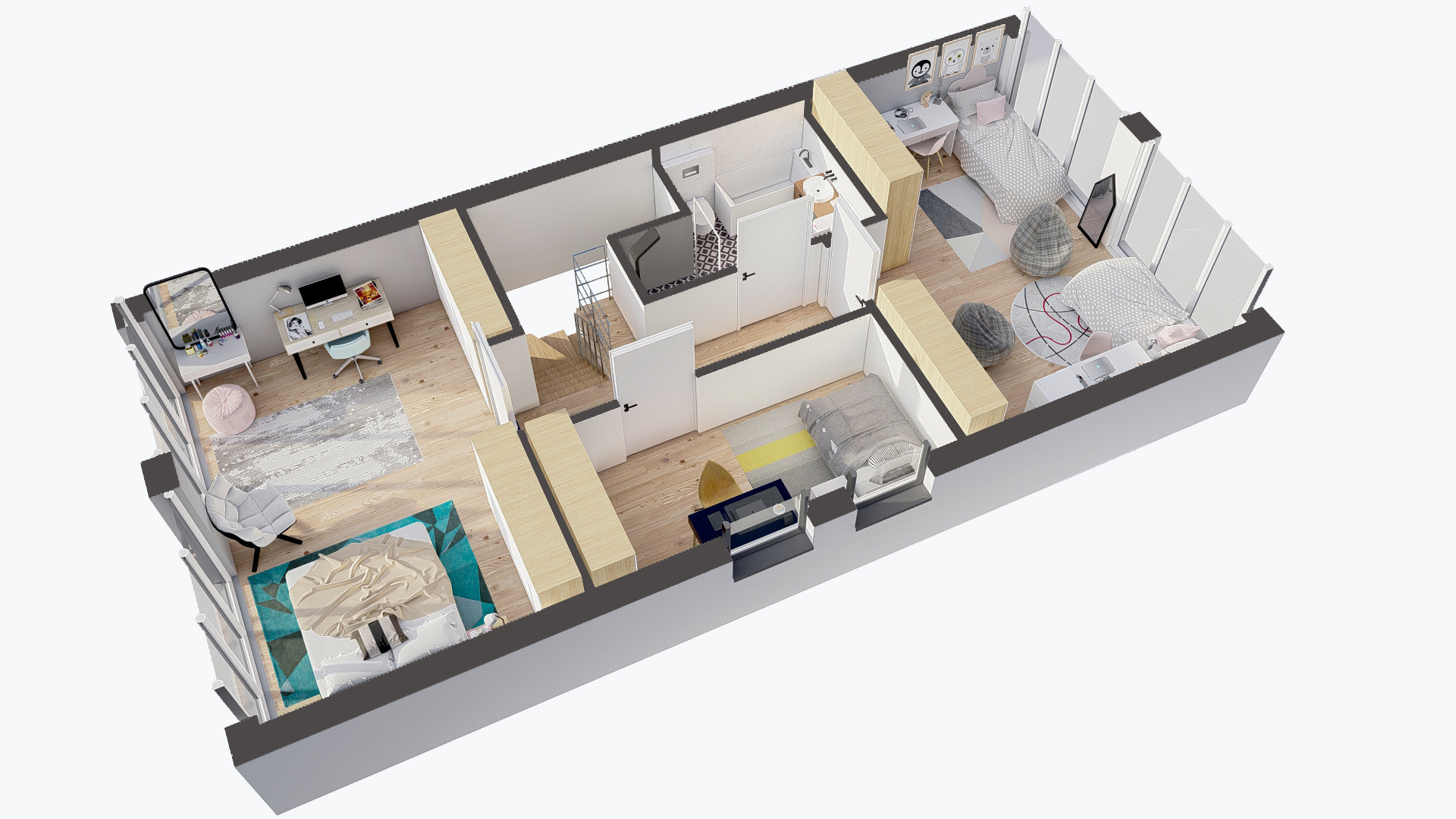 Wizualizacja 3D przekroju domu z trzema sypialniami, łazienką i schodami, prezentująca układ pomieszczeń i wystrój wnętrz w nowoczesnym stylu.