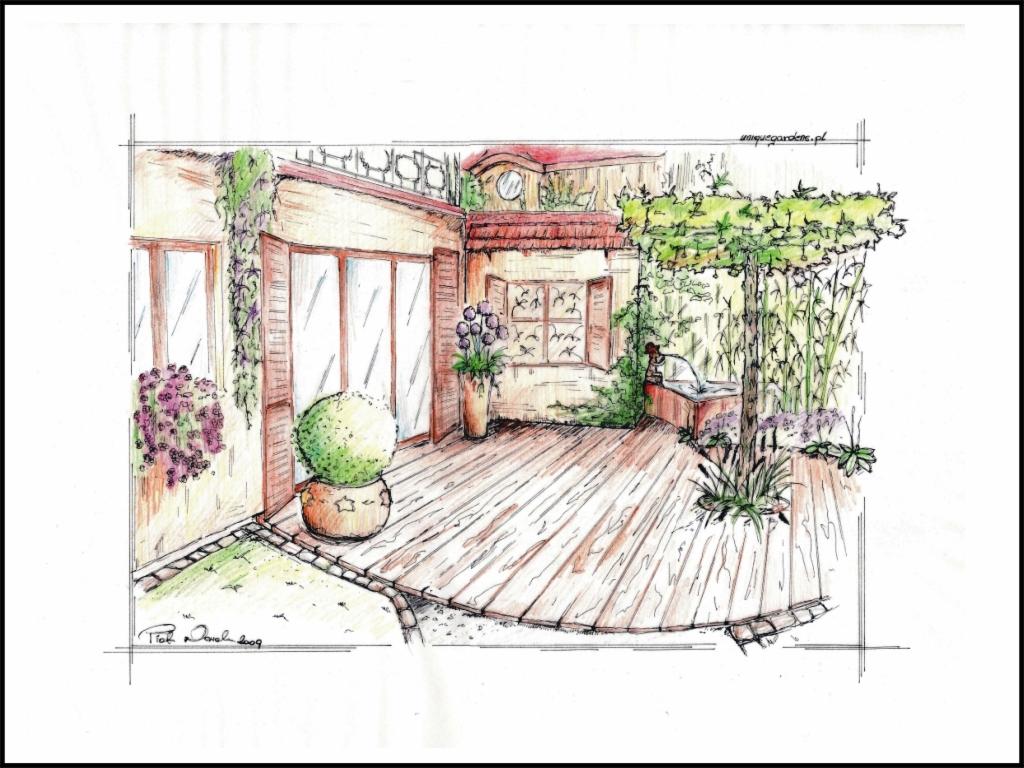 Szkic koncepcyjny ogrodu z drewnianym tarasem i oczkiem wodnym w Wysokiej, prezentujący wizualizację projektu.