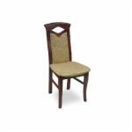 Krzesło z ciemnego drewna z tapicerowanym siedziskiem i oparciem w odcieniach beżu, widoczne na białym tle.