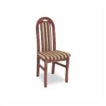 Krzesło z ciemnego drewna z tapicerowanym oparciem i siedziskiem w brązowo-beżowe pasy, ustawione na białym tle.