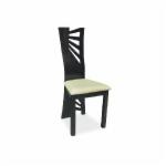 Ciemnobrązowe krzesło z jasnym siedziskiem o geometrycznym wzorze oparcia, wykonane na zamówienie w Nasielsku.