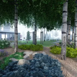 Projekt ogrodu z białymi brzozami, kwitnącymi rabatami, elementami placu zabaw i nowoczesnym domem w tle.