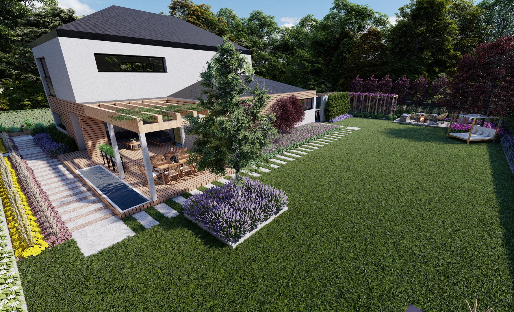 Wizualizacja projektu zagospodarowania ogrodu z nowoczesnym domem, drewnianym tarasem z pergolą, basenem, ścieżką z płyt, rabatami kwiatowymi i miejscem na ognisko.