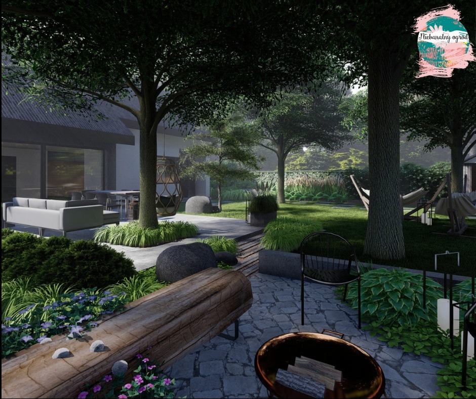 Wizualizacja ogrodu z drewnianą ławką, paleniskiem, hamakiem i modernistycznym tarasem z sofą.