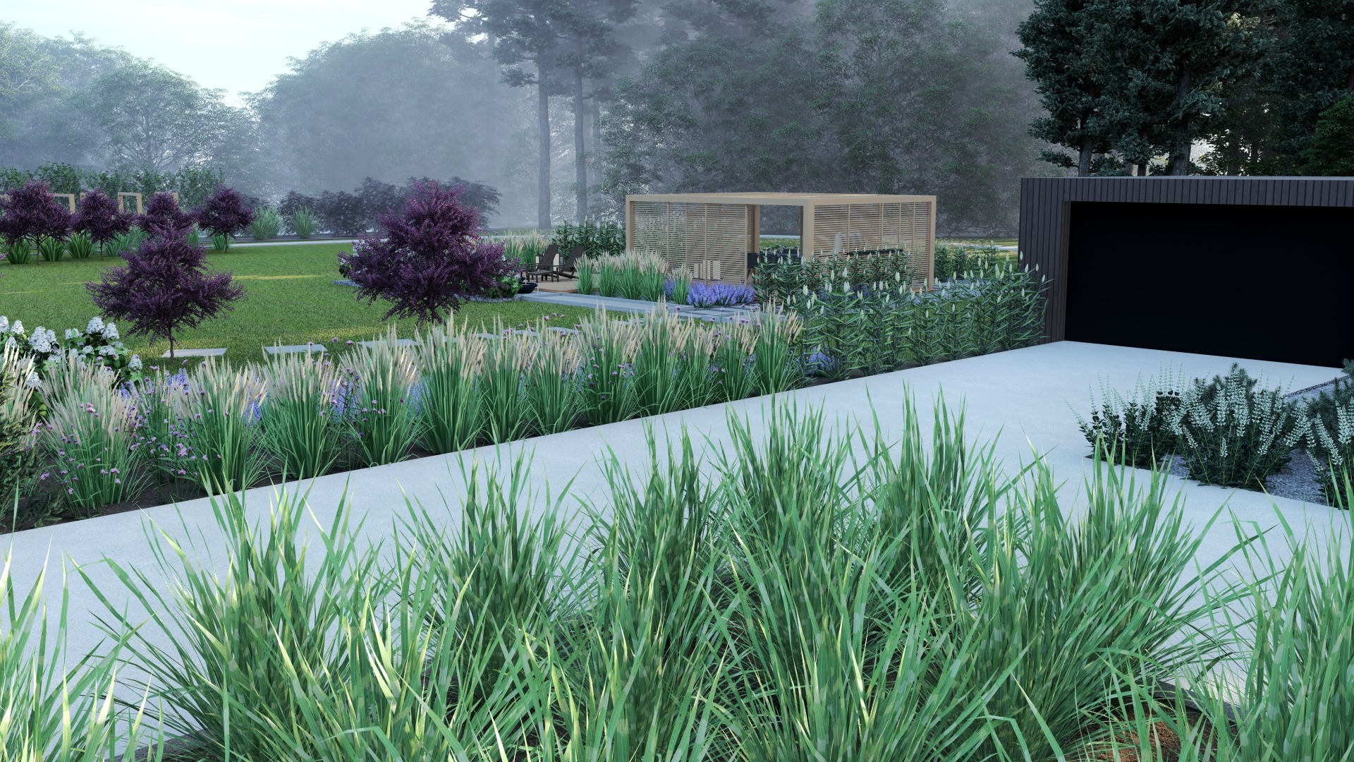 Nowoczesny ogród z minimalistyczną altaną, ozdobnymi trawami i ścieżką z jasnego betonu w porannej mgle.