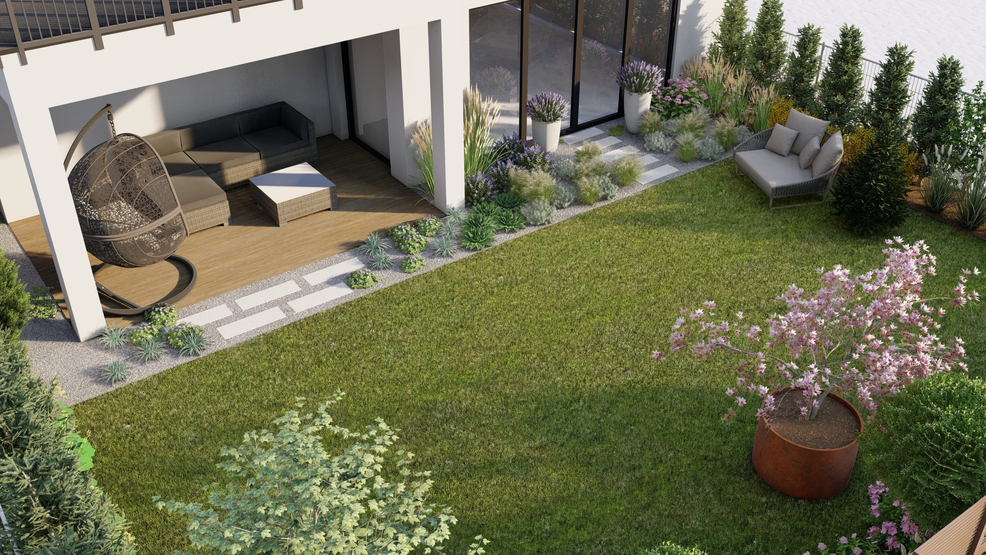 Projekt zagospodarowania przestrzeni przydomowej z tarasem z desek, wiszącym fotelem, meblami ogrodowymi i trawnikiem z nasadzeniami ozdobnymi.