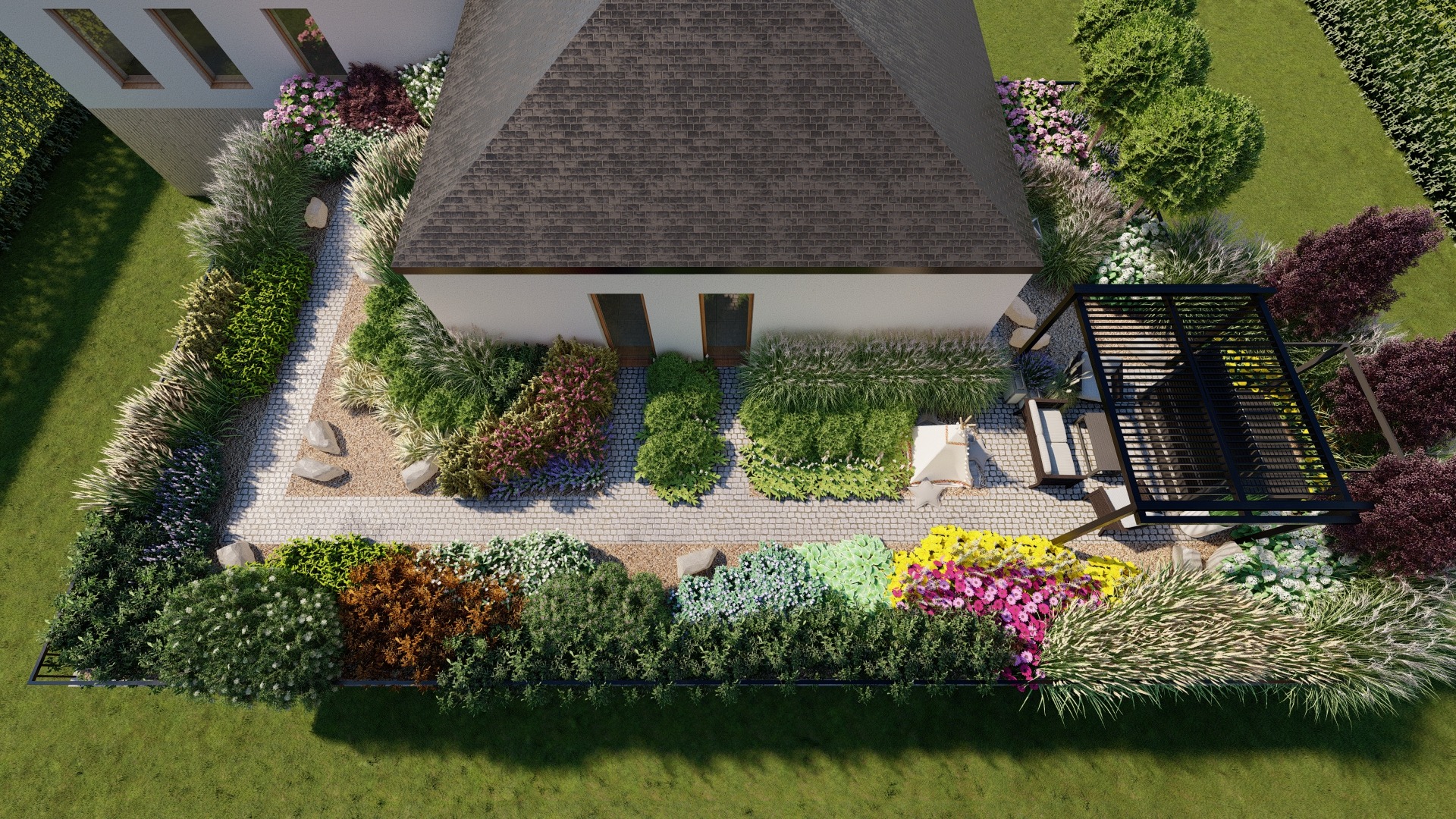 Widok z góry na projekt ogrodu z domem, ścieżką z kostki brukowej, różnorodną roślinnością, pergolą i małym namiotem tipi.