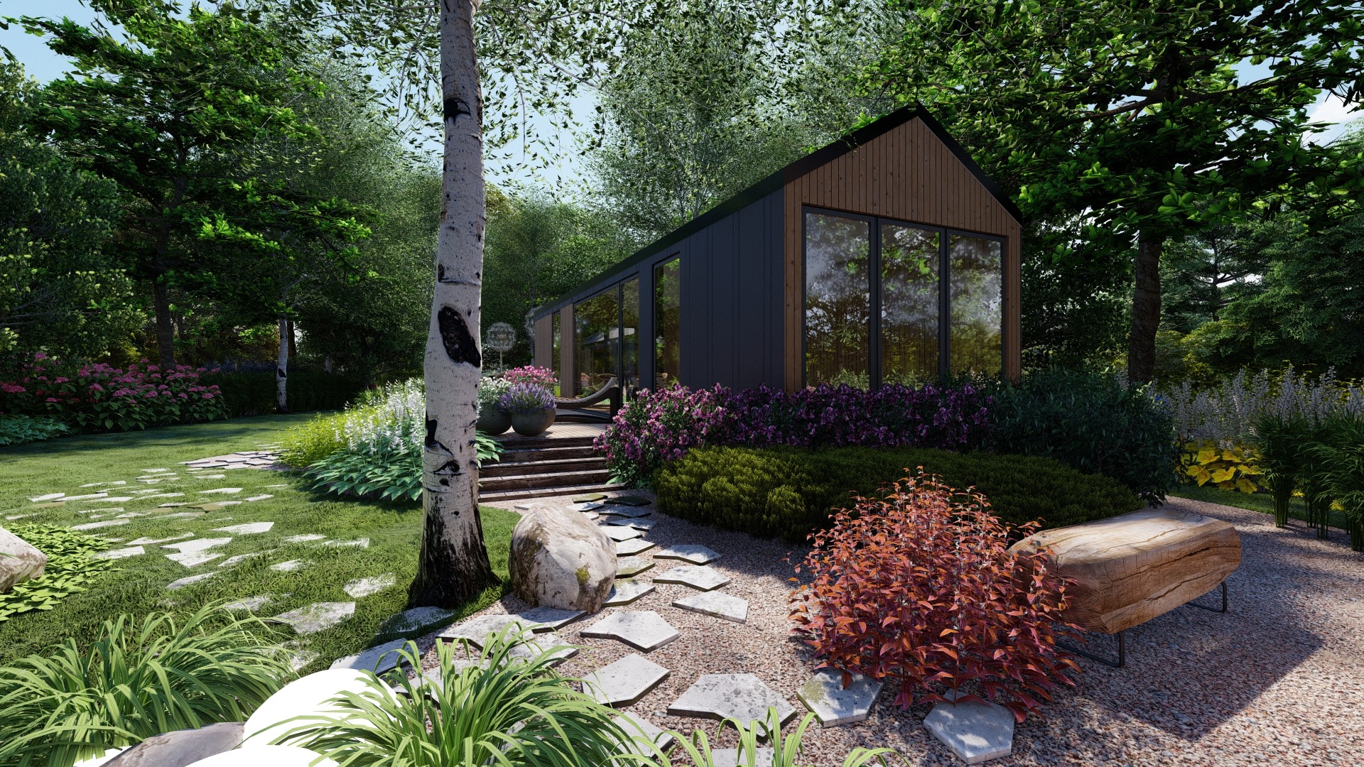 Wizualizacja ogrodu z nowoczesnym domkiem letniskowym, ścieżka z nieregularnych płyt kamiennych, rabaty kwiatowe z lawendą i krzewami, trawnik, brzoza z białym pniem na pierwszym planie.