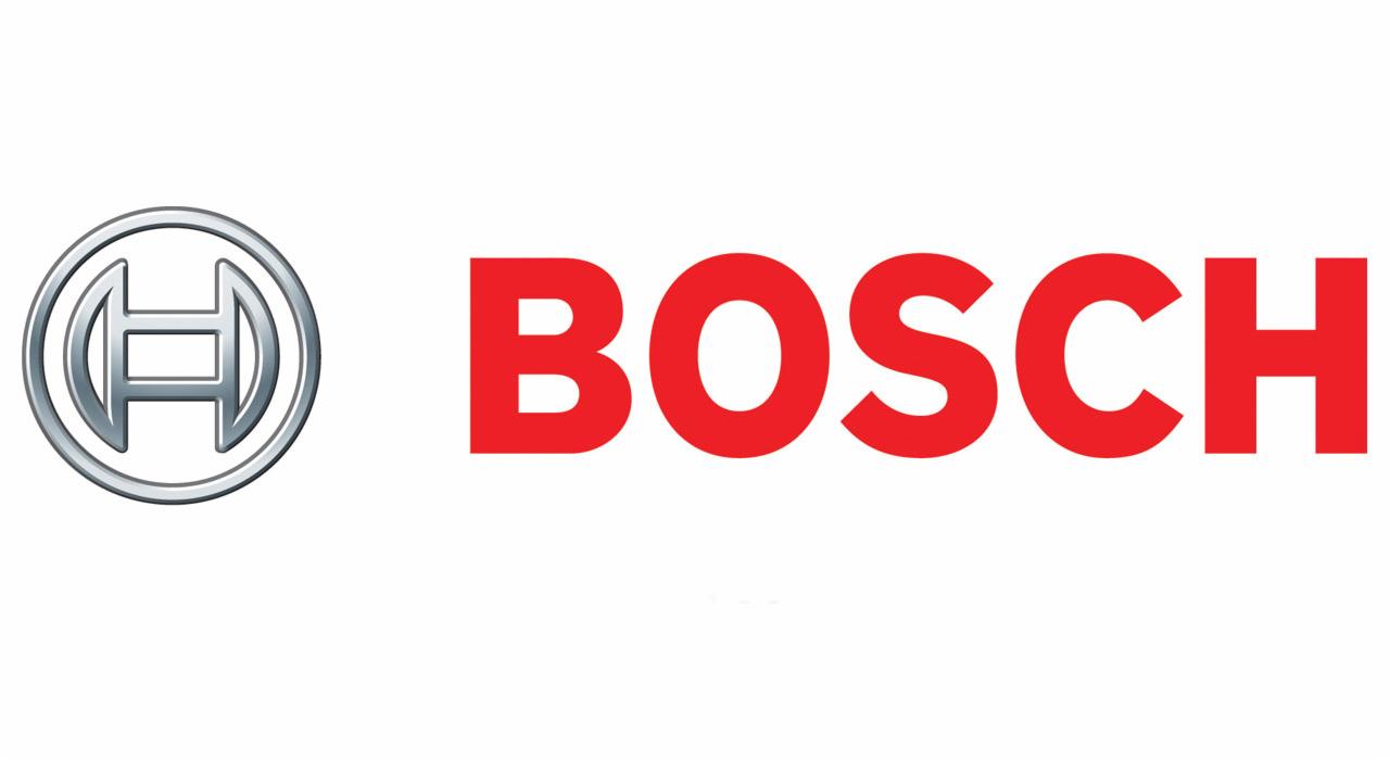 Logo firmy Bosch, z charakterystycznym okręgiem z symbolem oraz czerwonym napisem 'BOSCH' na białym tle.