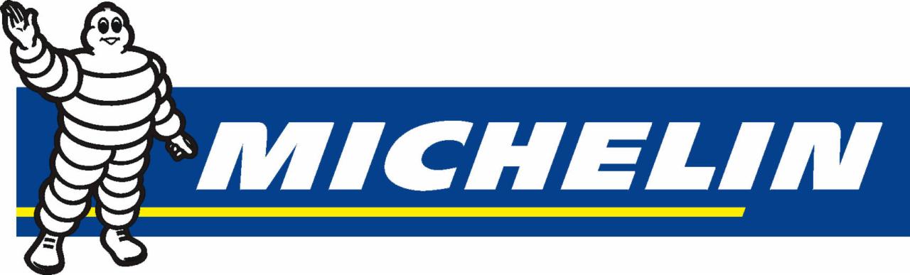 Logo Michelin z białym ludzikiem Bibendum na tle niebieskiego prostokąta z żółtym paskiem i białym napisem 'MICHELIN'.