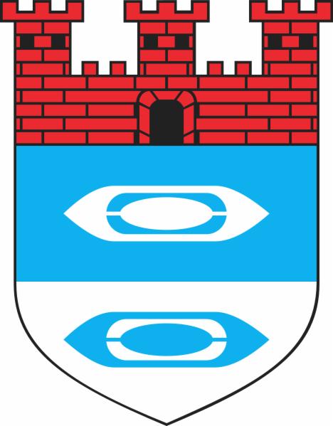 Herb miasta Bielawa przedstawiający czerwony mur zamkowy z trzema wieżami, nad błękitnym polem z dwoma białymi łodziami.