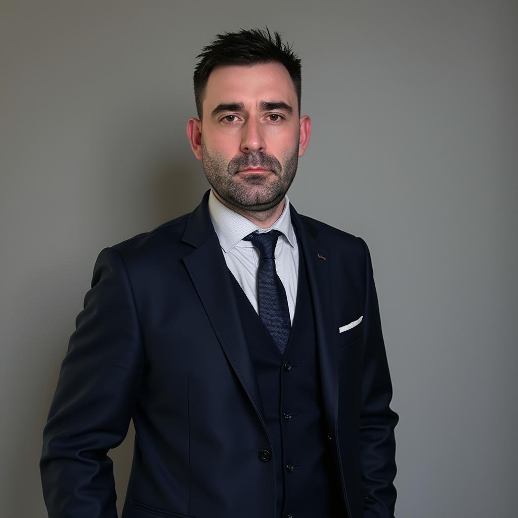 Portret mężczyzny w granatowym garniturze i krawacie na szarym tle. Wyraz twarzy poważny, wzrok skierowany wprost. Profesjonalny wizerunek doradcy finansowego.