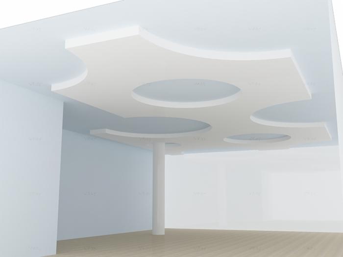 Nowoczesny sufit podwieszany z geometrycznymi wycięciami i okrągłymi wgłębieniami, wsparty na kolumnie w minimalistycznym wnętrzu z drewnianą podłogą.