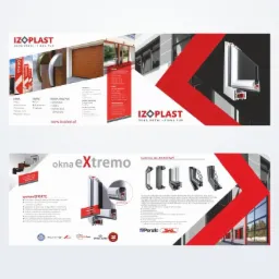 Folder reklamowy firmy Izoplast prezentujący okna, drzwi i ocieplenia PUR, z detalami technicznymi systemów EFORTE i okna extremo oraz systemy aluminiowe, z logotypami Ponzio i JWA.