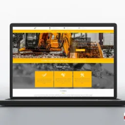 Laptop wyświetlający stronę internetową z motywem budowlanym, dominują odcienie żółci i szarości, na górze zdjęcia koparka, poniżej sekcje 'Nasze Usługi' i 'O Firmie', w prawym dolnym rogu logo...
