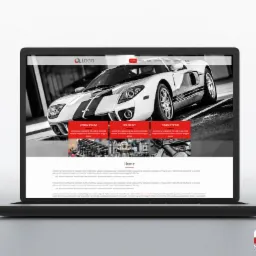 Laptop wyświetla stronę internetową z dominującym zdjęciem białego Forda GT z czarnymi pasami, sekcjami tekstu 'Lorem Ipsum', 'Dolor Sit', 'Consectetur' oraz logo firmy w lewym górnym rogu.