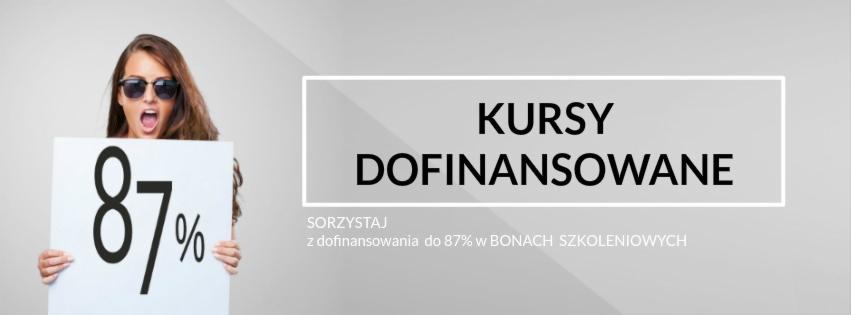 Kobieta w okularach przeciwsłonecznych trzymająca kartkę z napisem 87% na tle grafiki z tekstem 'Kursy Dofinansowane' i informacją o dofinansowaniu w bonach szkoleniowych.