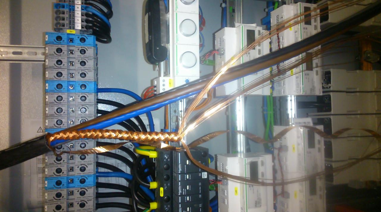 Rozdzielnica elektryczna w trakcie montażu, widoczne kable miedziane, bezpieczniki i listwy zaciskowe Schneider Electric, niebieskie i czarne przewody w peszlach.