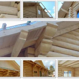 Detal drewnianego domu z bali: widoczne połączenia belek, okna i elementy konstrukcyjne. Jasne drewno, precyzyjne wykonanie, charakterystyczny styl budownictwa.