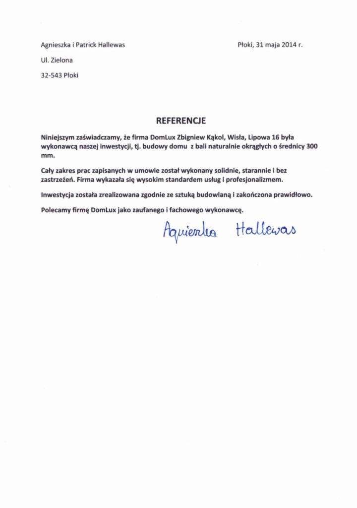 Skan referencji dla firmy DomLux za budowę domu z bali naturalnie okrągłych, podpisane przez Agnieszkę i Patricka Hallewas, Płoki, 31 maja 2014.