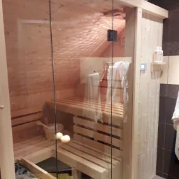 Wnętrze sauny z drewnianymi ławkami, wiadrem i szklanymi drzwiami w łazience z brązowymi płytkami.