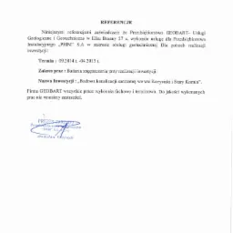 Dokument referencyjny potwierdzający wykonanie usług geologicznych i geotechnicznych przez firmę GEOBART dla przedsiębiorstwa instalacyjnego PRIM S.A.
