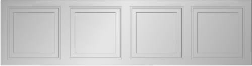 Fragment białej, segmentowej bramy garażowej z czterema prostokątnymi panelami, każdy z delikatnym wgłębieniem, oświetlony równomiernie, bez widocznych detali konstrukcyjnych.