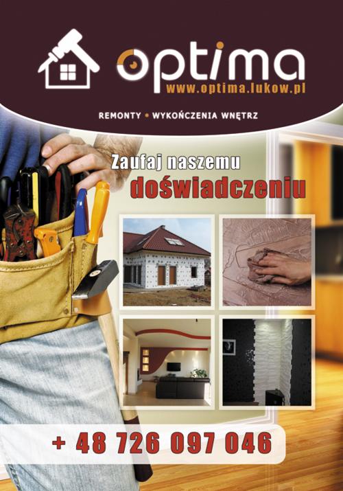 Ulotka reklamowa firmy remontowej Optima z narzędziami w pasie monterskim, logo i galerią zdjęć zrealizowanych projektów: ocieplony dom, nakładanie gładzi, salon z czerwonymi akcentami, ściana...