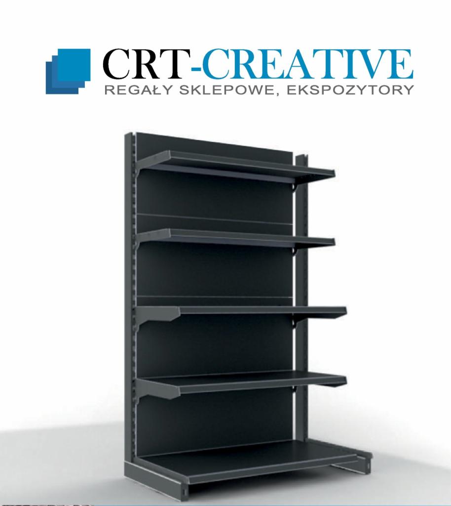 Czarny, metalowy regał sklepowy z czterema półkami, widoczny na białym tle, z logotypem producenta w górnej części zdjęcia.