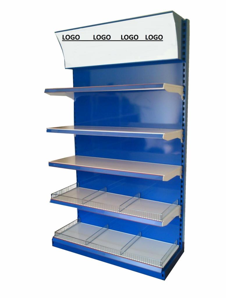 Niebieski regał magazynowy z półkami metalowymi i białymi blatami, z miejscem na logo firmy u góry.
