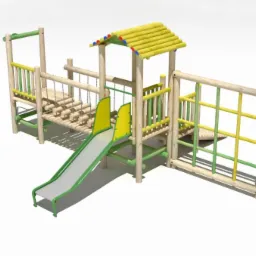 Wizualizacja drewnianej konstrukcji zabawowej z żółtymi i zielonymi akcentami, zawierającej zjeżdżalnię, most linowy i ściankę wspinaczkową, prezentowana na białym tle.