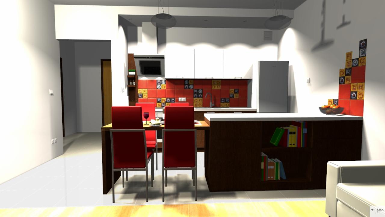 Wizualizacja kuchni z jadalnią: czerwone krzesła przy drewnianym stole, kolorowe płytki na ścianie, białe szafki kuchenne i wyspa z książkami.