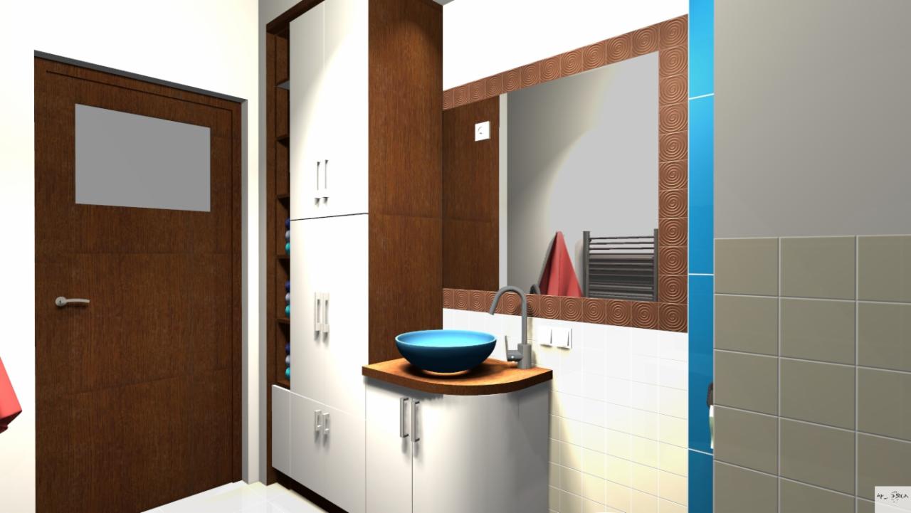 Wizualizacja łazienki z szafą wnękową, umywalką nablatową w kolorze turkusowym i lustrem w ozdobnej ramie z motywem spirali.