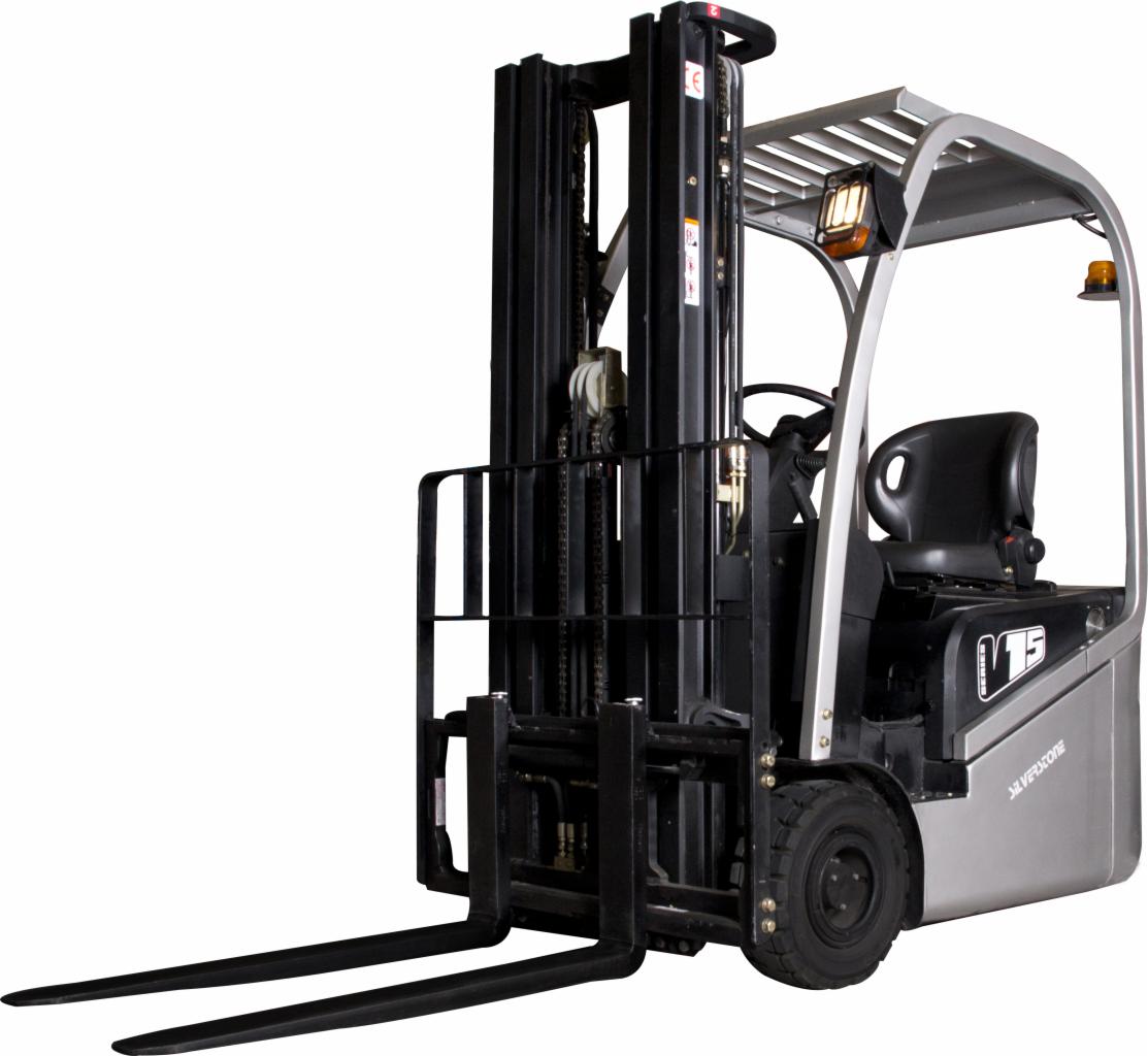 Szary wózek widłowy z czarnymi elementami konstrukcyjnymi i widłami, model Silverstone V15, sfotografowany na białym tle w studiu.