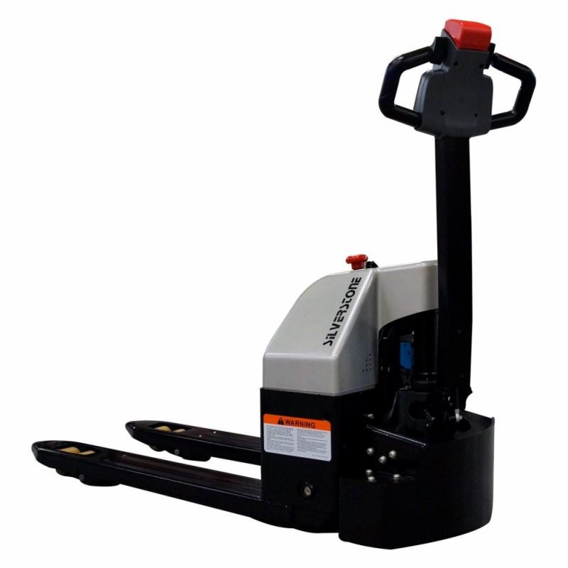 Elektryczny wózek paletowy marki Silverstone z ostrzeżeniem, widok z boku, z czarną podstawą i srebrną obudową silnika na białym tle.